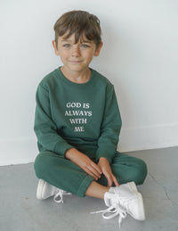 God Is Always With Me Green Kids Crewneck Christian Sweatshirt
