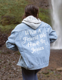 Elevated Faith What a Friend In Jesus Denim Jacket Christian Jacket
